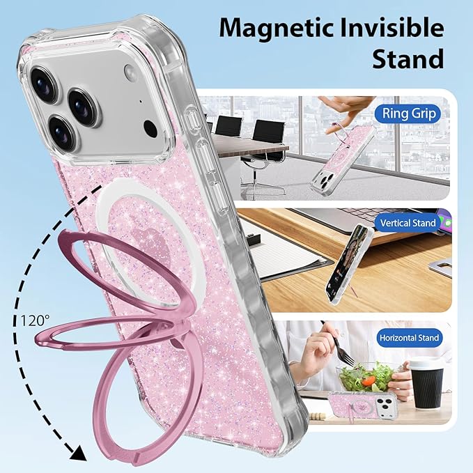 Magnetic for iPhone 17 Pro Case with Invisible Stand, Compatible with MagSafe, Clear Bling Sparkle Shockproof Slim Anti-Slip Military Drop Protection Hard Phone Case 6.3" Glitter Pink