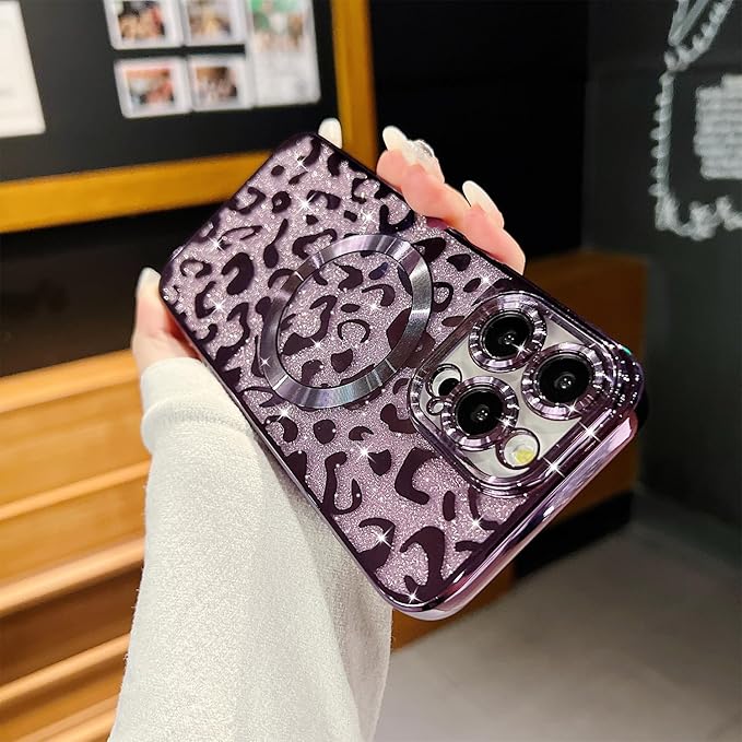 for iPhone 12 Pro Case Magnetic,Soft Cute Luxury Leopard Cheetah Pattern Plating Glitter Bling Phone Case Compatible with MagSafe Clear Shockproof Back Cover for Women Girl 6.1"-Purple