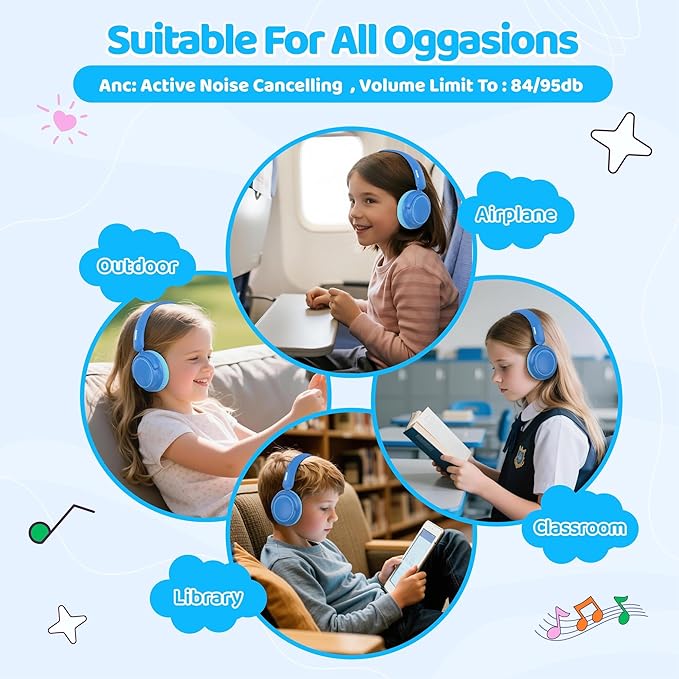 MIDOLA Active Noise Cancelling Kids Headphones Bluetooth 5.4 Wireless Volume Limited 85/94dB,Type C Fast Charging,Over Ear Foldable with Mic Aux Cord for Toddler Child Pad Tablet Blue
