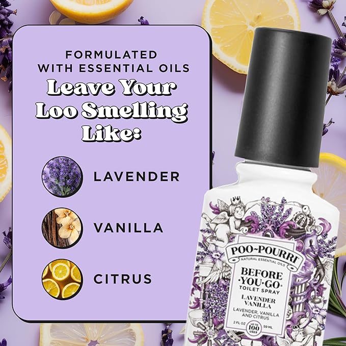 Poo-Pourri Before-You-Go Toilet Spray, Lavender Vanilla, 2 Fl Oz, Up to 100 Uses, Bathroom Odor Deodorizer with Essential Oils for Home or Work, Travel Essentials, TSA Approved Size