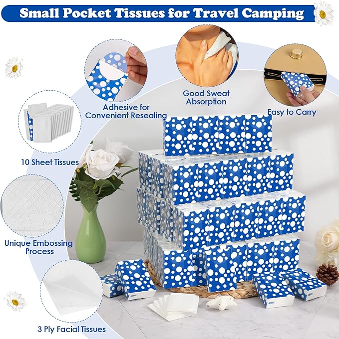 120 Pack Pocket Tissues Travel Packs 1200 Sheets Tissues Travel Size 3 Ply Unscented Small Mini Tissue Pack with Unique Embossing Process Individual Portable Tissue Packs for Purse Travel Camping