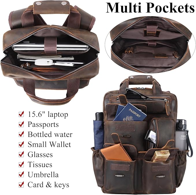 Masa Kawa Leather Backpack for Men Vintage 15.6 Inch Laptop Bag Multi Pockets Casual Travel Daypack Brown
