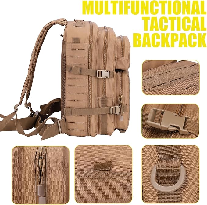 40L Tactical Backpack, Camouflage Military Bug Out Bag, Durable MOLLE Hiking Camping Gear (TAN)