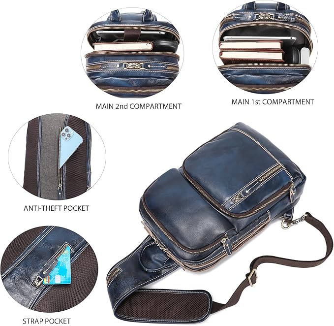 LANNSYNE Full Grain Leather Sling Bag For Men, Crossbody Bag fits 12.9" iPad Crossbody Chest Daypack