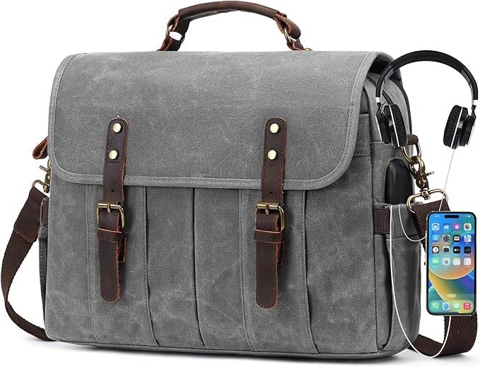 Messenger Bag for Men 15.6 Inch Vintage Canvas Genuine Leather Briefcase for Men Laptop Bag Satchel Shoulder Bag