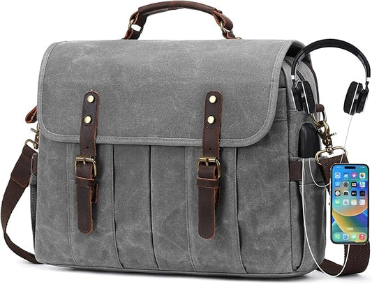 Messenger Bag for Men 15.6 Inch Vintage Canvas Genuine Leather Briefcase for Men Laptop Bag Satchel Shoulder Bag