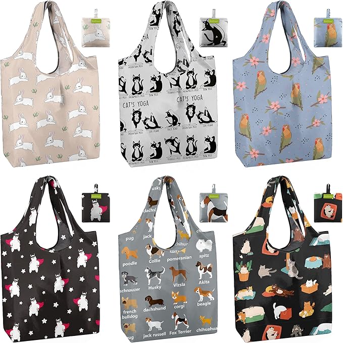 BeeGreen Reusable Grocery Bags 6 Pack, Heavy Duty Totes for Women, Foldable Grocery Bag Large Shopping Totes with Handles for Work, Travel, Gift, Store, Polyester Washable Reusable Tote Bag
