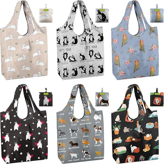 BeeGreen Reusable Grocery Bags 6 Pack, Heavy Duty Totes for Women, Foldable Grocery Bag Large Shopping Totes with Handles for Work, Travel, Gift, Store, Polyester Washable Reusable Tote Bag