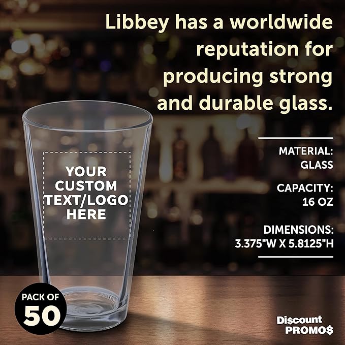 Custom Libbey Pint Glass 16 oz. Set of 50, Personalized Bulk Pack - Beer Glasses, Heavy Duty Drinkware - Clear