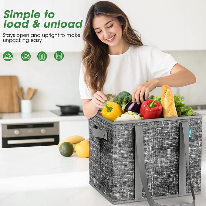 Fab totes Reusable Grocery Bags, Large Foldable Shopping Tote Bags with Reinforced Handles & Hard Bottom,Water Resistant Grocery Bags for kitchen,Picnic,8 Pack, Black