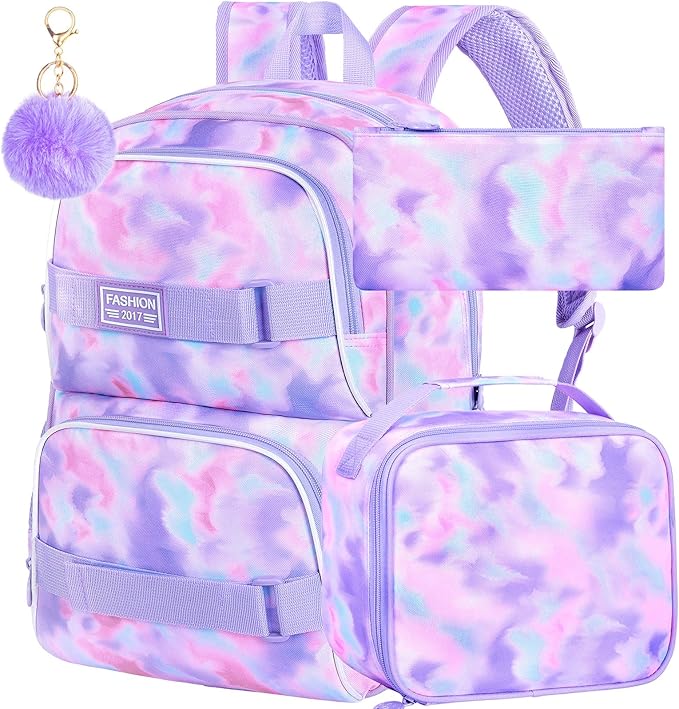 17 Inches Backpack for Girls Women, 3Pcs Tie-dye College School Bookbag Set for Teens Students, Water Resistant Laptop Backpacks with Lunch Bag(Purple)