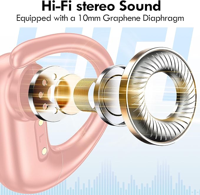 kurdene Wireless Earbuds Bluetooth Headphones Sport,Over Ear Buds with Deep Bass Sound,60Hrs Playtime Earphones Redesigned Comfort Fit with Earhooks for Running,Meeting,Workout-Pink