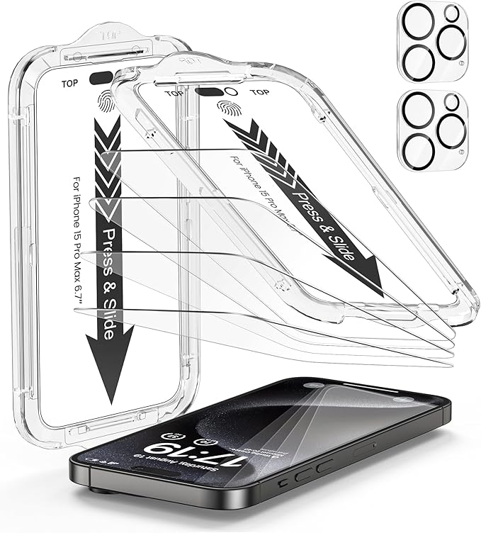 EZ-GLAZ- 4 Pack for iPhone 15 Pro Max Screen Protector [6.7"] With 2 Pack Camera Lens Protector, 9H+ Hardness 12FT Military Grade Shatterproof Scratch Resistant Durable Tempered Glass Film with Flawless Fit Kit, HD Clear