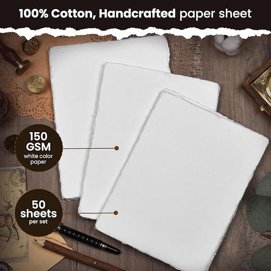 Watercolor Paper - 7.5 X 11 inches - Mixed Media Watercolor Paper - 150 GSM Thick Deckle Edge Virgin Cotton Handmade Paper - Off White