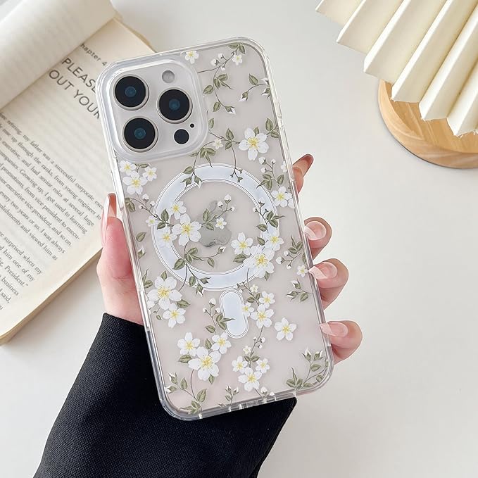 ZTOFERA for iPhone 16 Pro Magnetic Case Compatible with Magsafe,Aesthetic Floral Pattern Design Cute for Girl Women,Anti-Drop Protective Hard Phone Cover for iPhone 16 Pro-Big White Flower