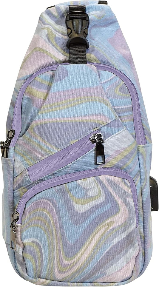 Anti-Theft Daypack Crossbody Sling Backpack, USB Charging Connector Port, Lightweight Day Pack for Travel, Hiking, Everyday, Regular, Vintage Blue Jewel