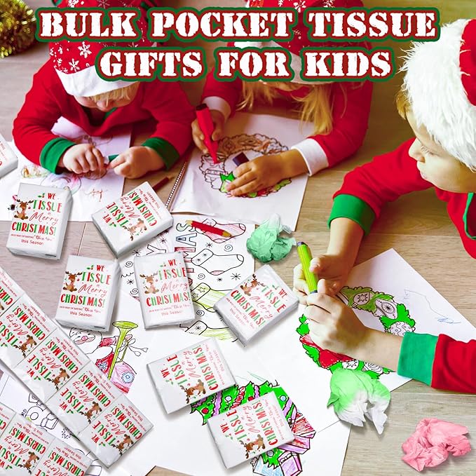 Ctosree 50 Pack Christmas Pocket Tissues Reindeer Travel Packs Bulk 500 Sheet Xmas Small Individual Tissues Pocket Packs 3 Ply Mini Travel Size for School Camping