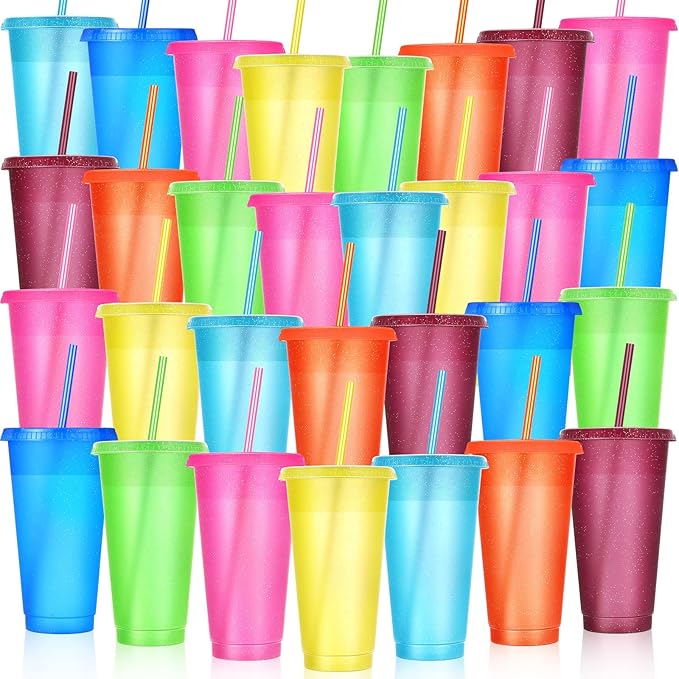 Honeydak 30 Pack Tumbler with Straw and Lid Bulk Glitter Plastic Cups Water Bottle Iced Coffee Travel Mug Reusable Party Favor Cups for Birthdays travel 24-27 oz (Elegant Color)