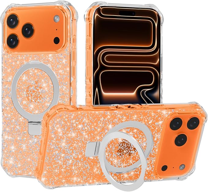 Magnetic for iPhone 17 Pro Max Case with Invisible Stand, Compatible with MagSafe, Clear Bling Sparkle Shockproof Slim Anti-Slip Military Drop Protection Hard Phone Case 6.9" Glitter Silver