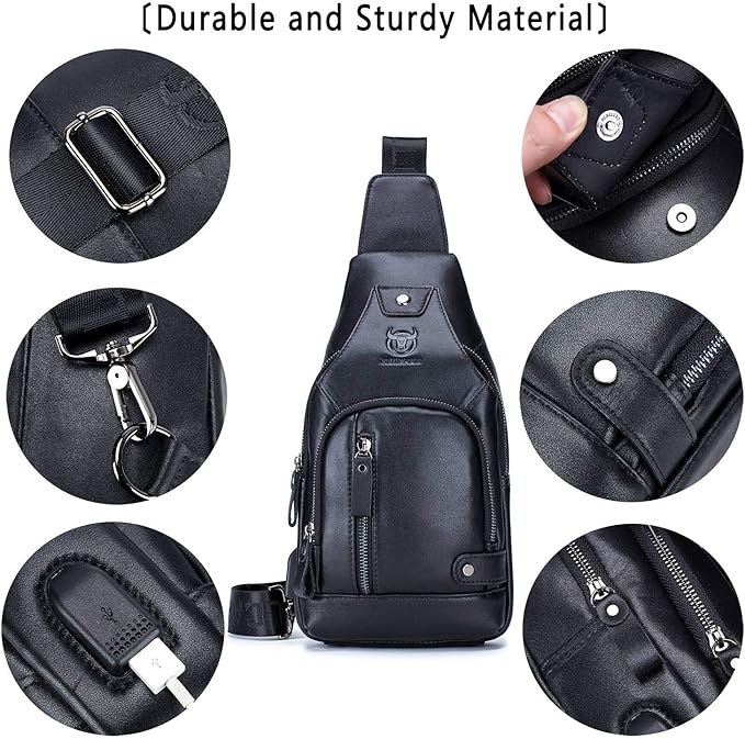 BULLCAPTAIN Leather Sling Bag Mens Chest Bag Casual Shoulder Crossbody Bags Travel Hiking Backpacks Daypack with USB Charging Port (Black)