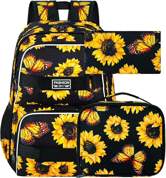 3Pcs Backpack for Girls Boys, 17 Inch School Bookbag with Lunch Box, Durable Laptop Backpacks Set for Teens College