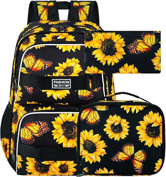 3Pcs Backpack for Girls Boys, 17 Inch School Bookbag with Lunch Box, Durable Laptop Backpacks Set for Teens College