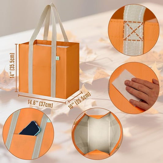VENO 4 Pack Reusable Grocery Shopping Bags, Heavy-Duty Fall Tote Autumn Market Bags with Handles, for Shopping Cart with Hard Bottom, Foldable (Autumn Orange, 4 Pack)