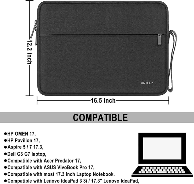 Laptop Sleeve Case, Water Resistant Shockproof Protective Computer Cover Traveling Carrying Bag with Pocket, Portable Laptop Case Compatible for 17 Inch HP, Dell, Lenovo, Lenovo, Acer, Black