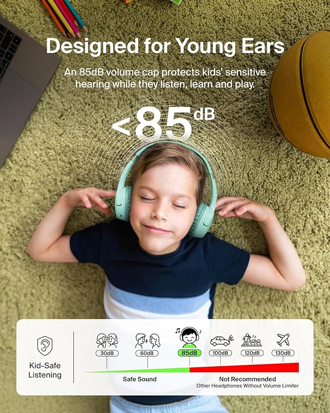 Belkin SoundForm Mini - Wireless Bluetooth Headphones for Kids with 30H Battery Life, 85dB Safe Volume Limit, Built-in Microphone - Kids On-Ear Earphones for iPhone, iPad, & More - Mint w/Case