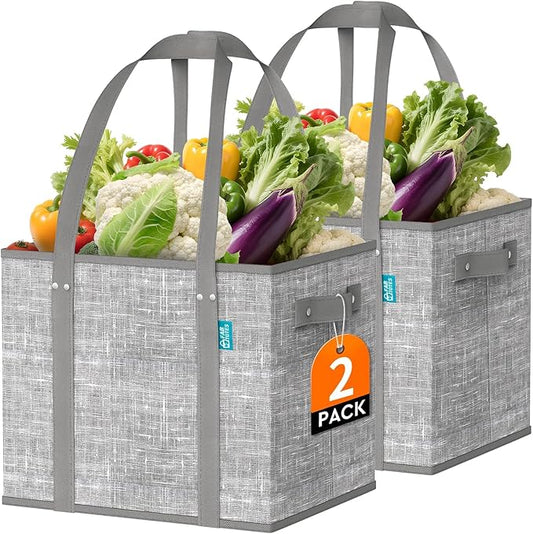 Fab totes Reusable Grocery Bags, Large Foldable Shopping Tote Bags with Reinforced Handles & Hard Bottom,Water Resistant Grocery Bags for kitchen,Picnic,2 Pack, Grey