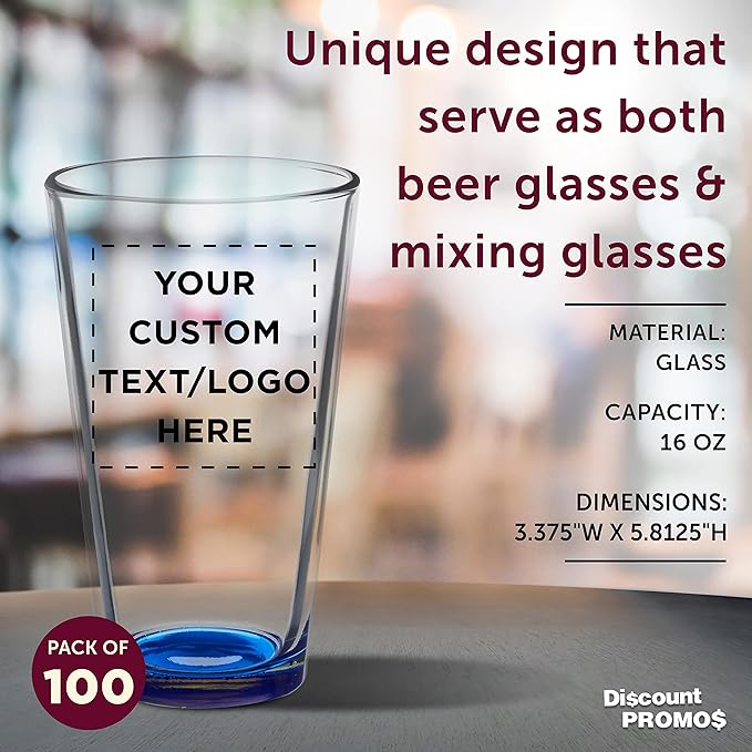 Custom Arc Pint Glass 16 oz. Set of 100, Personalized Bulk Pack - Beer Glasses, Heavy Duty Drinkware - Blue