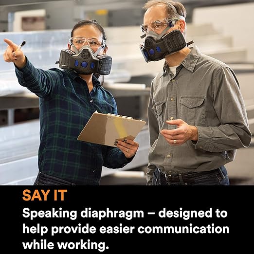 3M Respirator, Secure Click Half Face Reusable Respirator with Speaking Diaphragm and Push Button Seal Check, HF-801SD, Sweeping, Sanding, Grinding, Sawing, Dust, Small