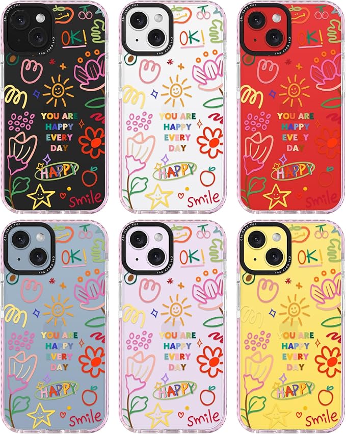 for iPhone 14 Plus Case, Doodle Happy Collage Pattern, Military-Grade Drop Protection, Cute Soft Slim TPU Protective Cover with Camera Lens Protection for Women & Girls