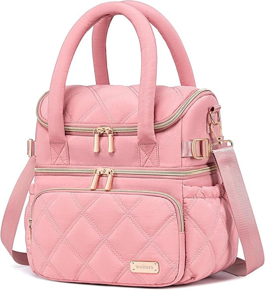 Weitars Lunch Bag for Women Men,Double Deck Lunch Box for Women,Quilted Lunch Tote for Work,Insulated Lunch Cooler Leakproof Lunchbox for Adult with Shoulder Strap &Pockets for Picnic Hiking (Pink)