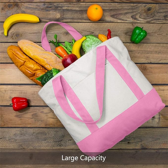 TOPDesign 6-Pack Canvas Tote Bags with an External Pocket, Reusable Grocery Shopping Bags, Top Zipper Closure, Daily Essentials (Pink/Natural)