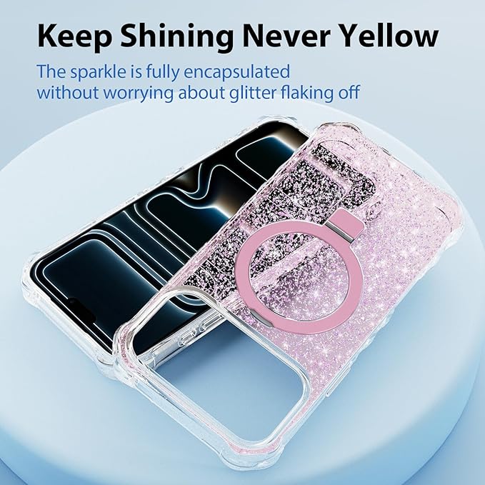 Magnetic for iPhone 17 Pro Max Case with Invisible Stand, Compatible with MagSafe, Clear Bling Sparkle Shockproof Slim Anti-Slip Military Drop Protection Hard Phone Case 6.9" Glitter Pink