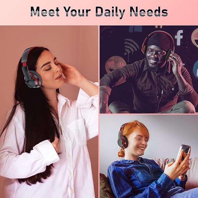 Bluetooth Headphones Over Ear, 6S Foldable Wireless Headphones with 6 EQ Modes, 40 Hours Playtime HiFi Stereo Headset with Mic, Soft Ear Pads, TF/FM for Cellphone/PC/Home (Red)