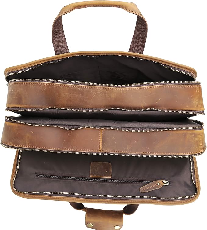 Polare 17'' Full Grain Leather Briefcase Laptop Attache Case Messenger Bag For Men Fits 15.6'' Laptop