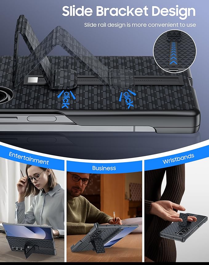 for Samsung Galaxy Z Fold 6 Case with Hand Strap & Kickstand & Hinge Protection, Ultra Slim Skin Feel Pattern Printing Full Body Shockproof Phone Case for Z Fold 6, No Screen Protector (Black)