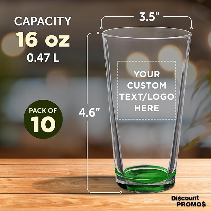 Custom Casale Pint Glass 16 oz. Set of 10, Personalized Bulk Pack - Beer Glasses, Heavy Duty Drinkware - Green