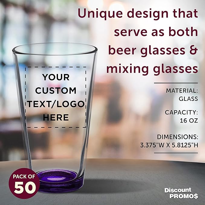 Custom Arc Pint Glass 16 oz. Set of 50, Personalized Bulk Pack - Beer Glasses, Heavy Duty Drinkware - Purple