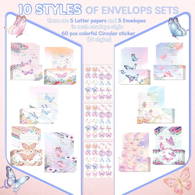 TaoBary 160 Pcs Stationery Paper Set 50 Double Sided Stationery Papers with 50 Matching Envelopes and 60 Round Dot Sticker, 10 Design(Watercolor Butterfly,8.5 x 11 Inch)