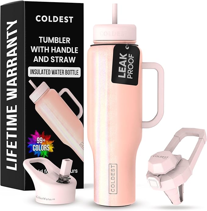 Coldest Tumbler with Handle and Straw, 100% Spill Proof Tumbler with Straw (3 Lids), Stainless Steel Insulated Leakproof Tumblers for Women Men, Cup Holder Friendly, 46 oz (Forever Pink Glitter)