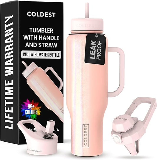 Coldest Tumbler with Handle and Straw, 100% Spill Proof Tumbler with Straw (3 Lids), Stainless Steel Insulated Leakproof Tumblers for Women Men, Cup Holder Friendly, 46 oz (Forever Pink Glitter)