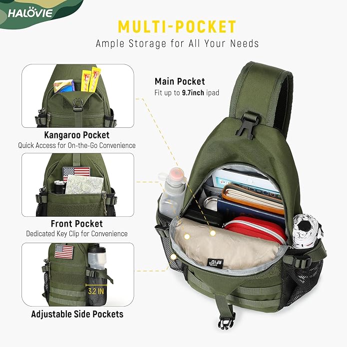 HALOVIE Crossbody Sling Bag Anti Theft Crossbody Backpack RFID Sling Backpack Lightweight Travel Hiking Chest Bag