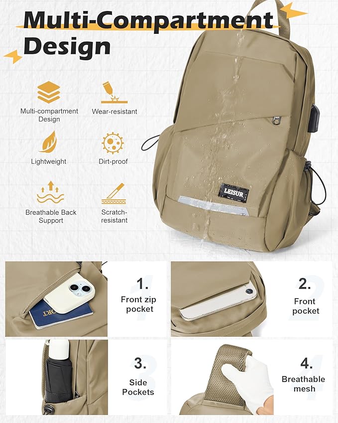Khaki Sling Bag for Men women, Small Anti Theft One Strap Motorcycle Backpack, Mini Sling Tactical Chest Bag Daypack Crossbody Sling Backpacks for Casual Travel Hiking Gym Outdoor Sports