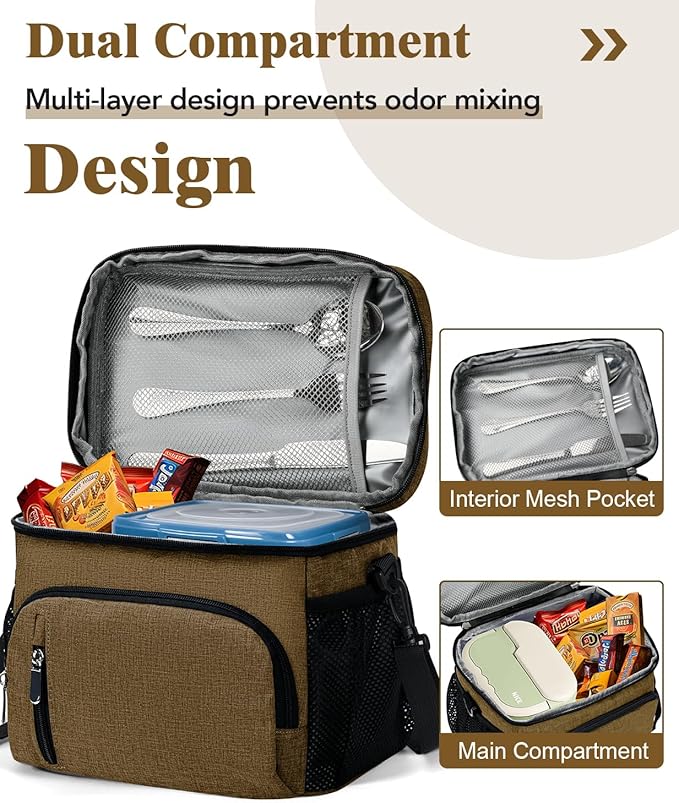 Insulated Lunch Bag for Men & Women - Leakproof Lunch Box Soft Cooler Tote, Adjustable Strap, Reusable Lunch Box for Work Office Picnic Beach Travel-Coffee