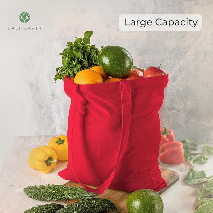 Salt Earth Pack of 5 | 6 | 12 | 24 | 48 – 100% Cotton Reusable Tote Bags – Bulk Grocery, Shopping, DIY, Beach & Gift Use