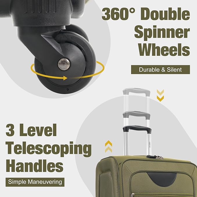 Merax Softside Luggage Set Softshell Lightweight 3 Piece Spinner Suitcase 22" 26" 30" Army Green