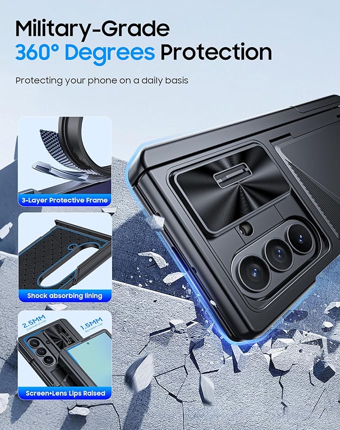 for Samsung Galaxy Z Fold 7 Case with Card Holder RFID Blocking, Built in Slide Lens Cover & Hinge Protection & Kickstand & Screen Protector, Shockproof Wallet Case for Z Fold 7 (Black)